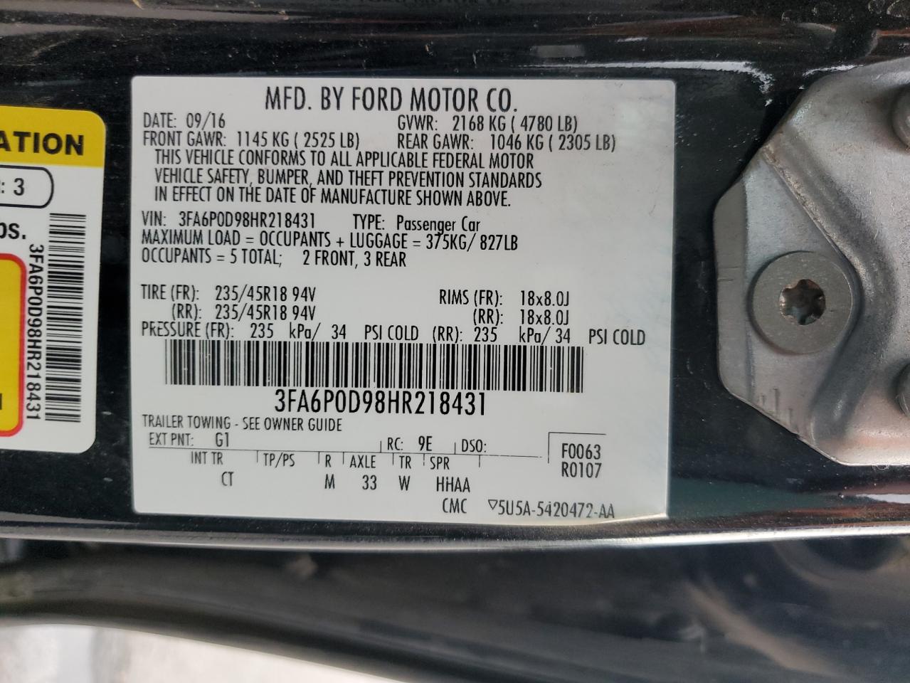 3FA6P0D98HR218431 2017 Ford Fusion Titanium