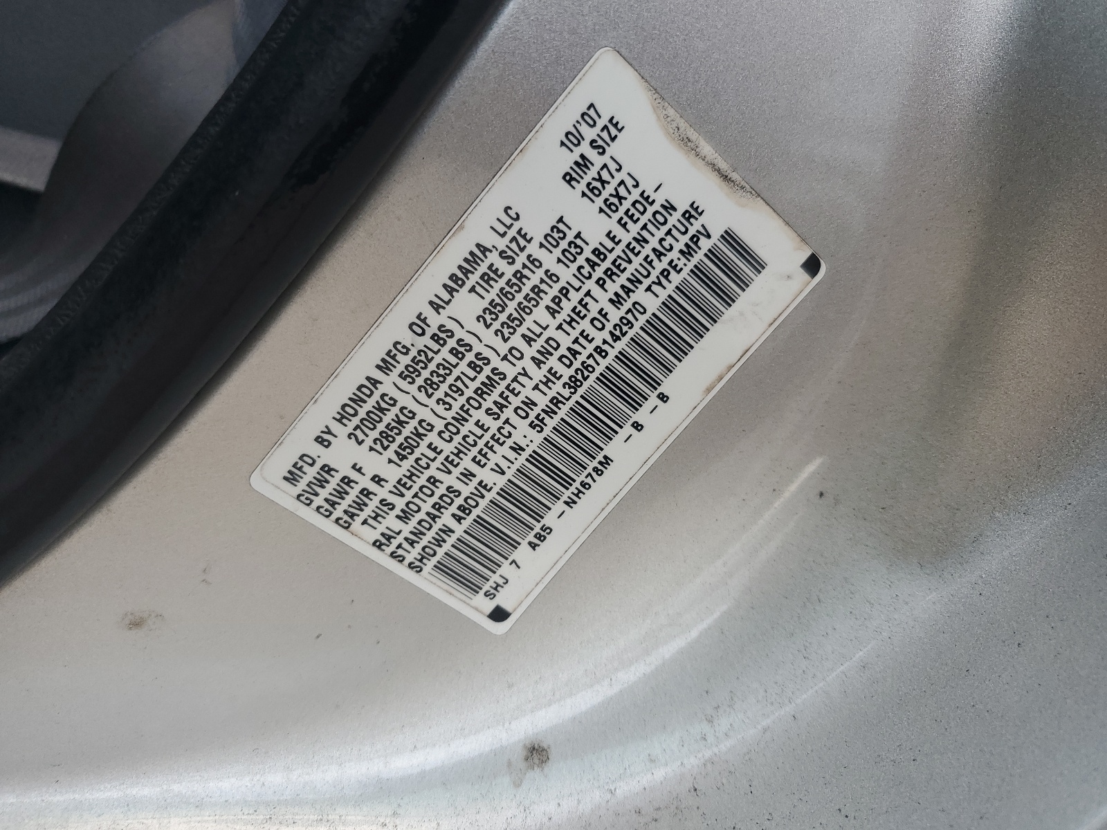 5FNRL38267B142970 2007 Honda Odyssey Lx