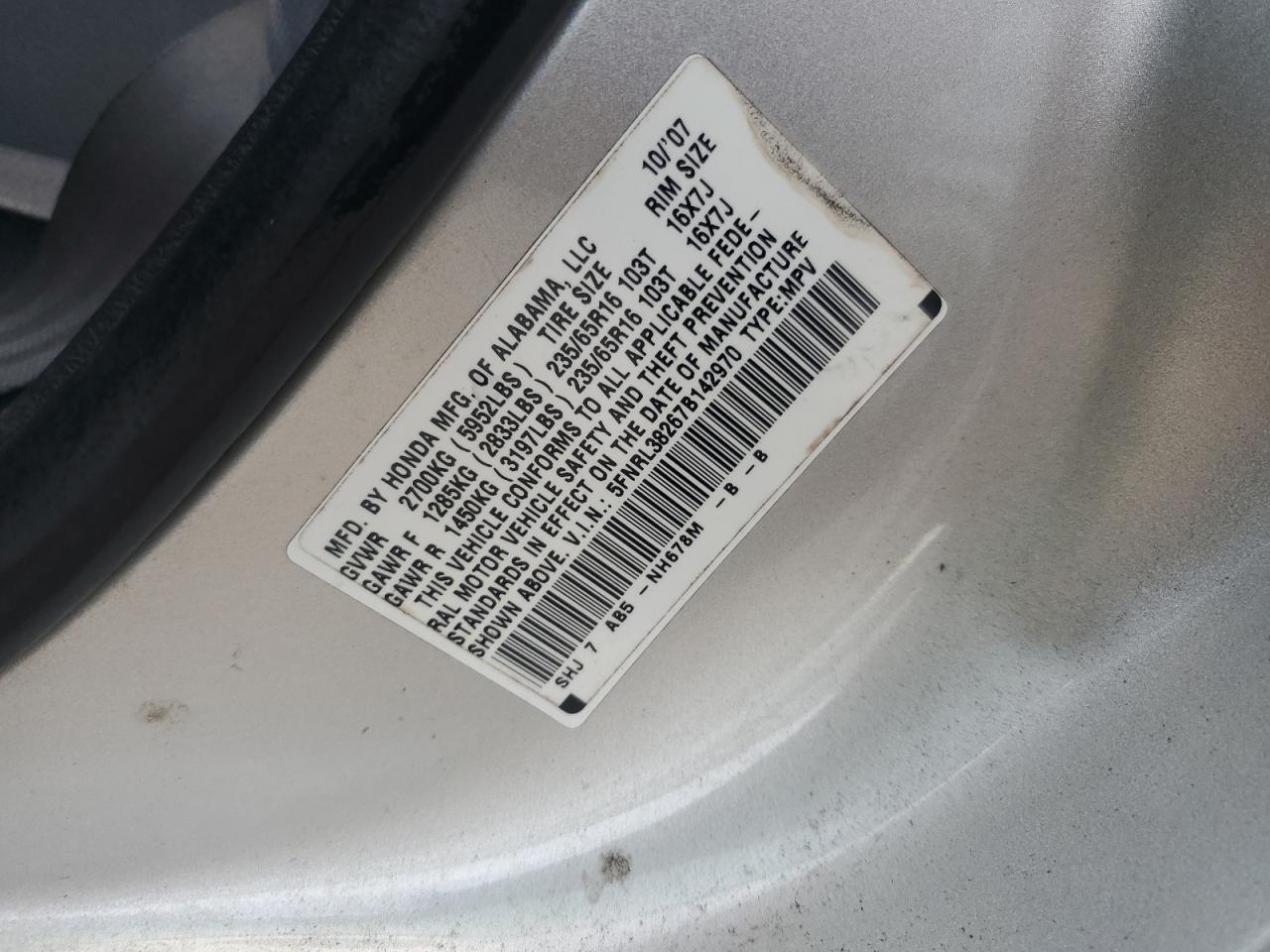 2007 Honda Odyssey Lx VIN: 5FNRL38267B142970 Lot: 64145374