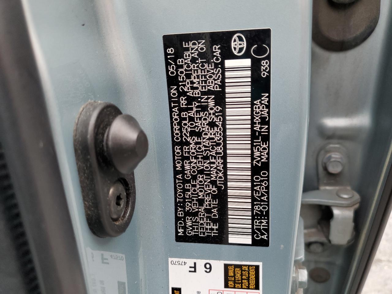 2018 Toyota Prius VIN: JTDKARFU8J3554519 Lot: 64258524