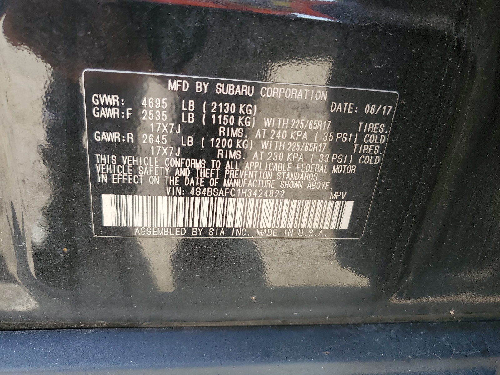 4S4BSAFC1H3424822 2017 Subaru Outback 2.5I Premium