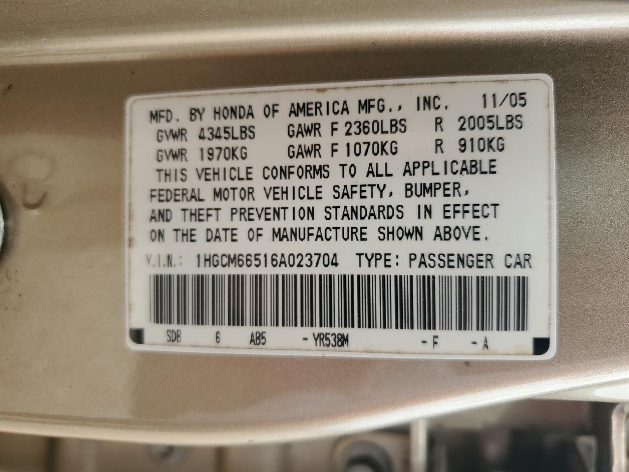 2006 Honda Accord Ex VIN: 1HGCM66516A023704 Lot: 64238204