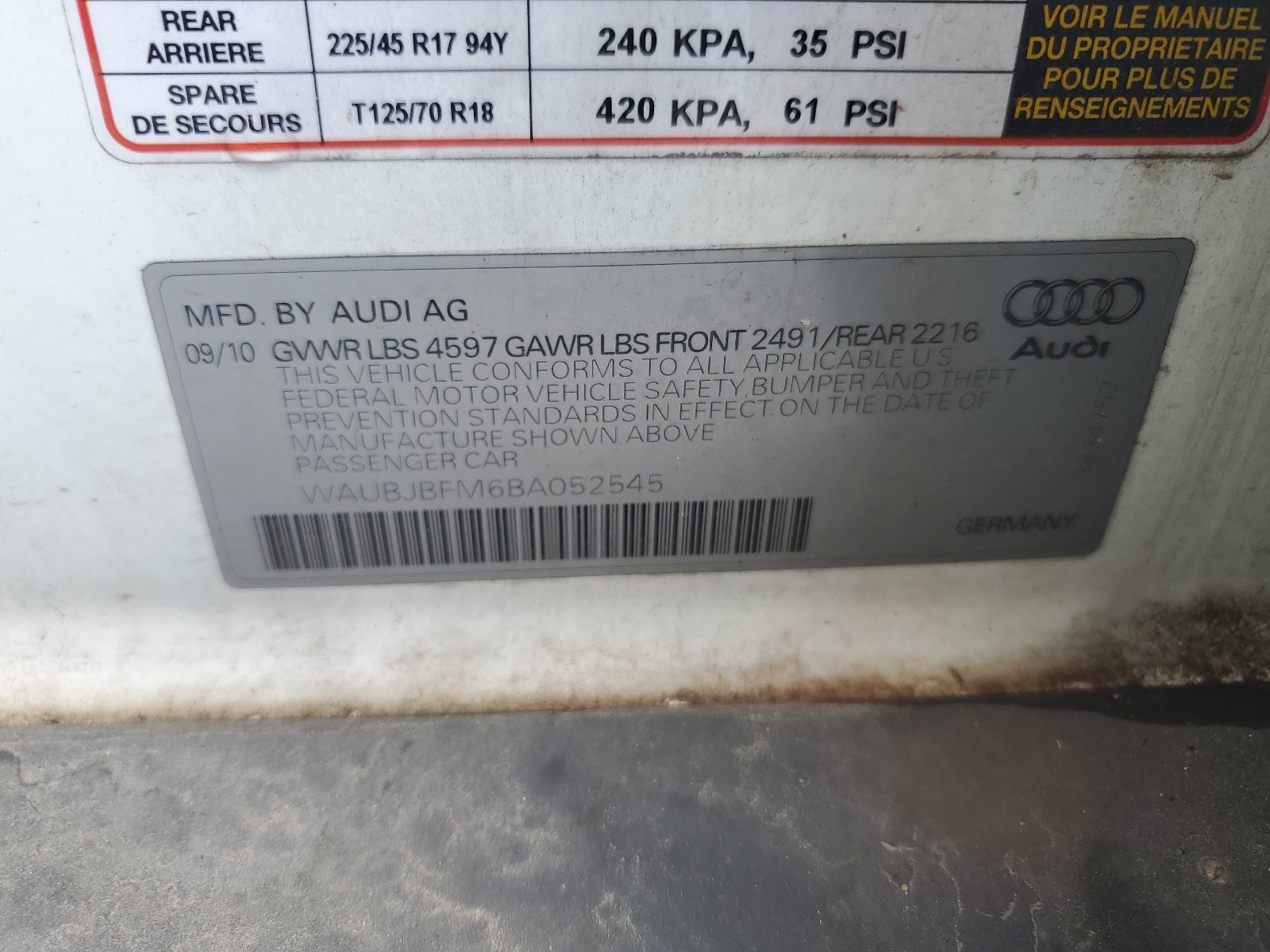 WAUBJBFM6BA052545 2011 Audi A3 Premium