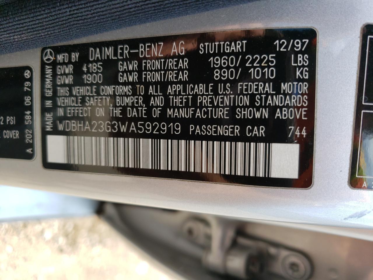 1998 Mercedes-Benz C 230 VIN: WDBHA23G3WA592919 Lot: 62500644