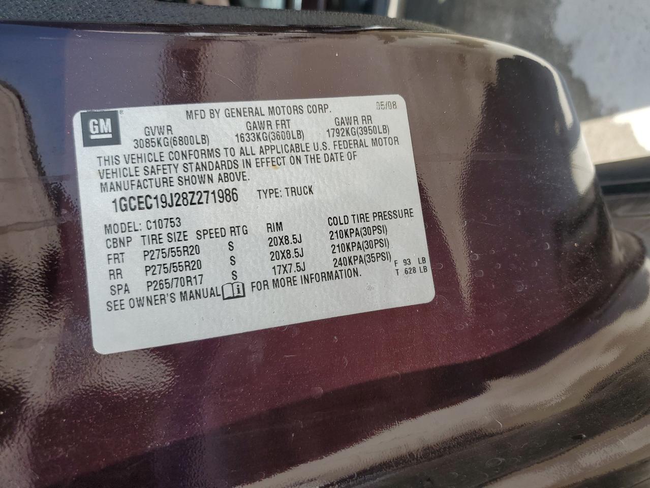 2008 Chevrolet Silverado C1500 VIN: 1GCEC19J28Z271986 Lot: 65454574