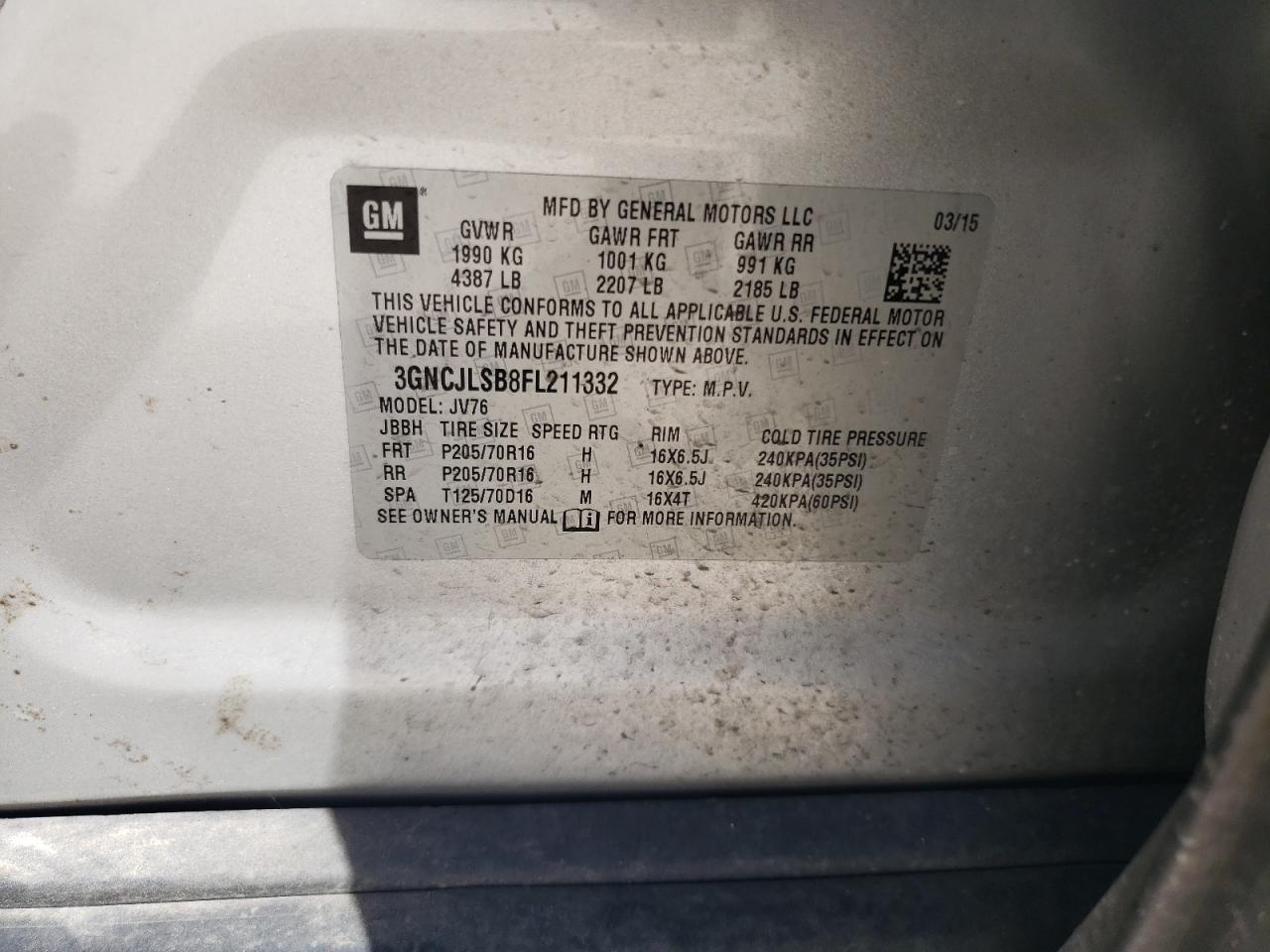 2015 Chevrolet Trax 1Lt VIN: 3GNCJLSB8FL211332 Lot: 62319674