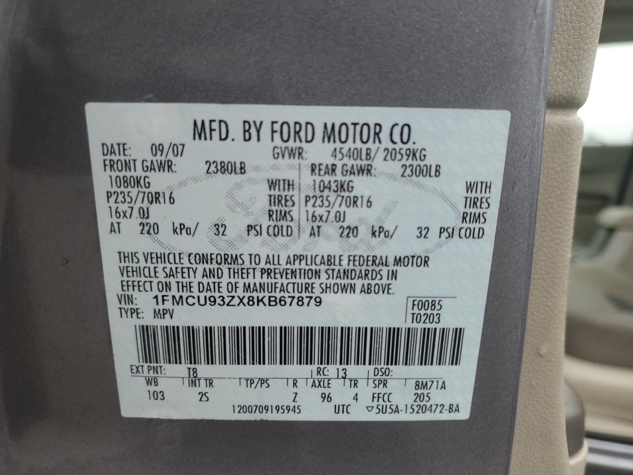 2008 Ford Escape Xlt VIN: 1FMCU93ZX8KB67879 Lot: 63863644