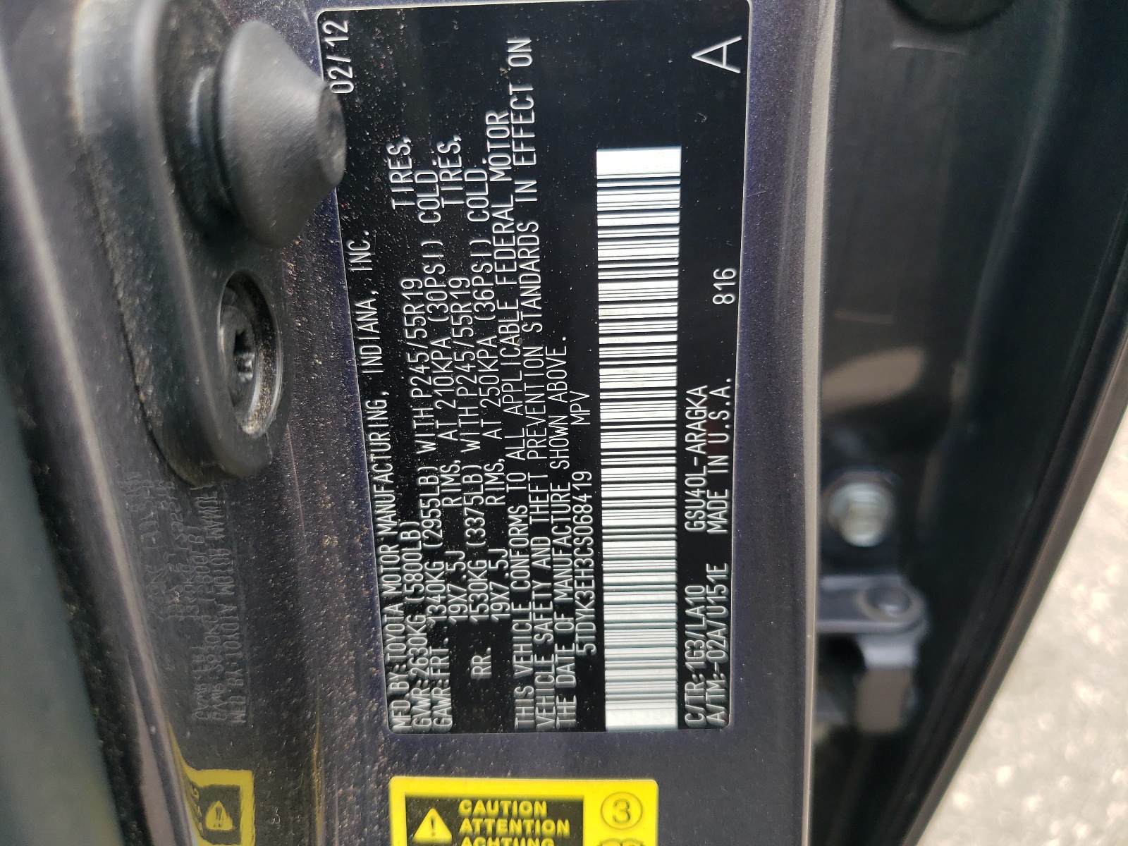 5TDYK3EH3CS068419 2012 Toyota Highlander Limited