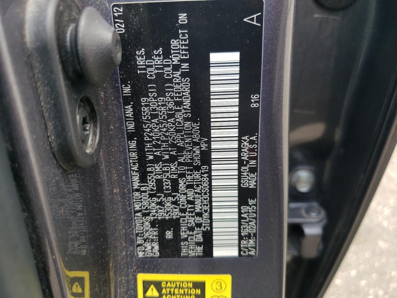 2012 Toyota Highlander Limited VIN: 5TDYK3EH3CS068419 Lot: 63350674