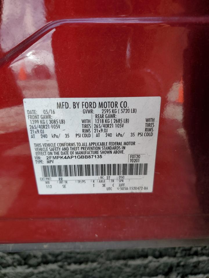 2016 Ford Edge Sport VIN: 2FMPK4AP1GBB87135 Lot: 64011874