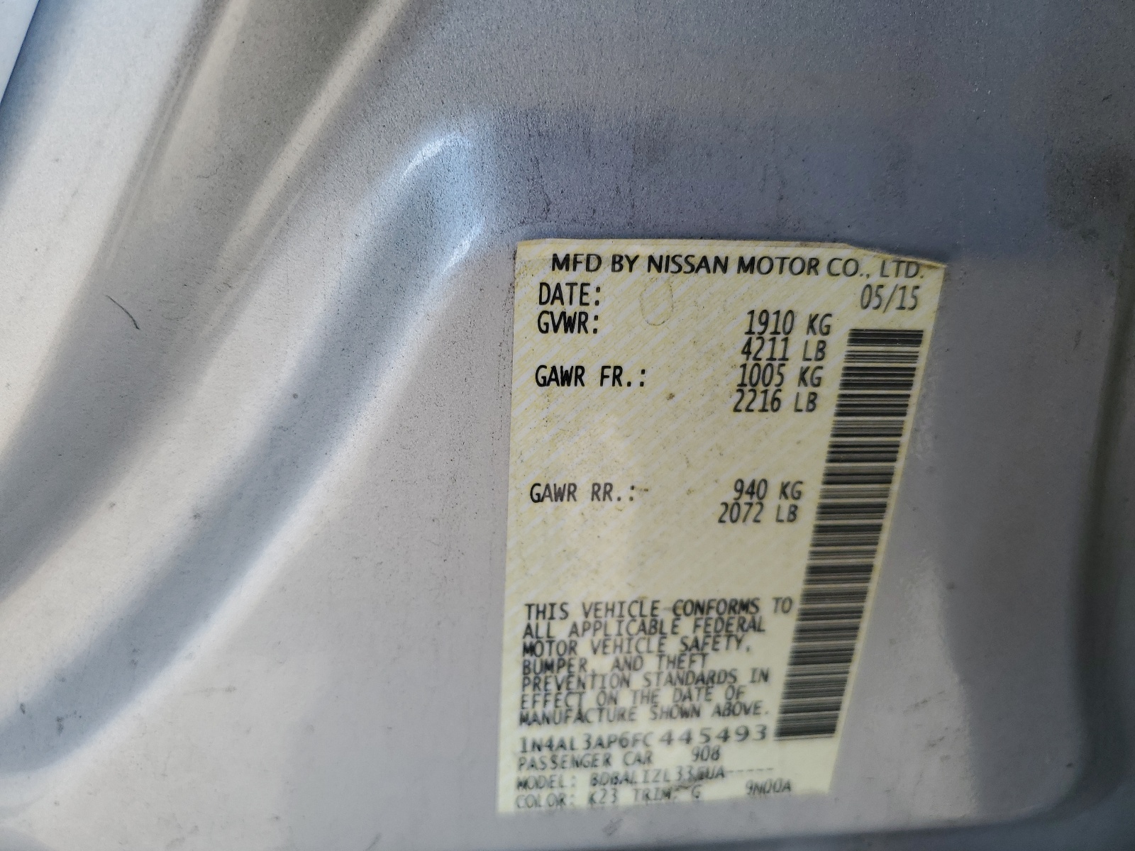 2015 Nissan Altima 2.5 vin: 1N4AL3AP6FC445493