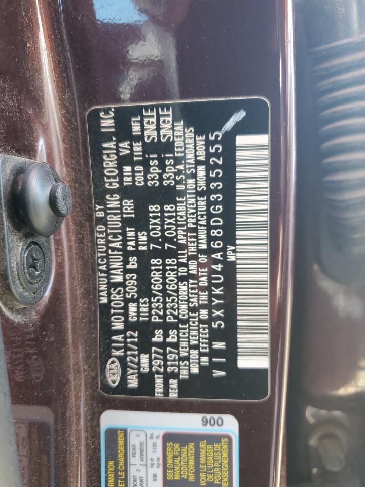 2013 Kia Sorento Ex VIN: 5XYKU4A68DG335255 Lot: 62556504