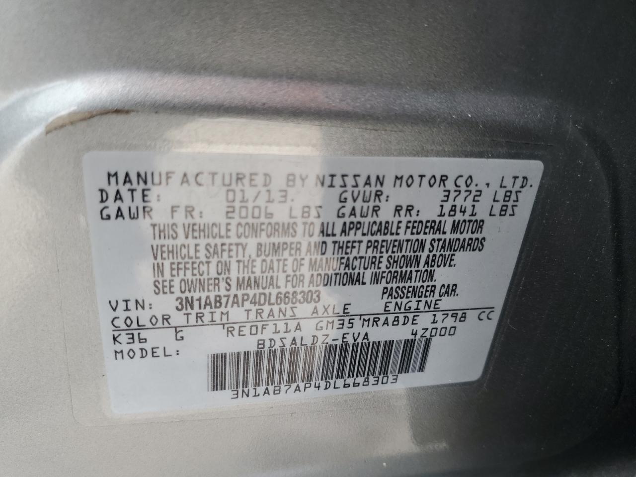 2013 Nissan Sentra S VIN: 3N1AB7AP4DL668303 Lot: 64302874