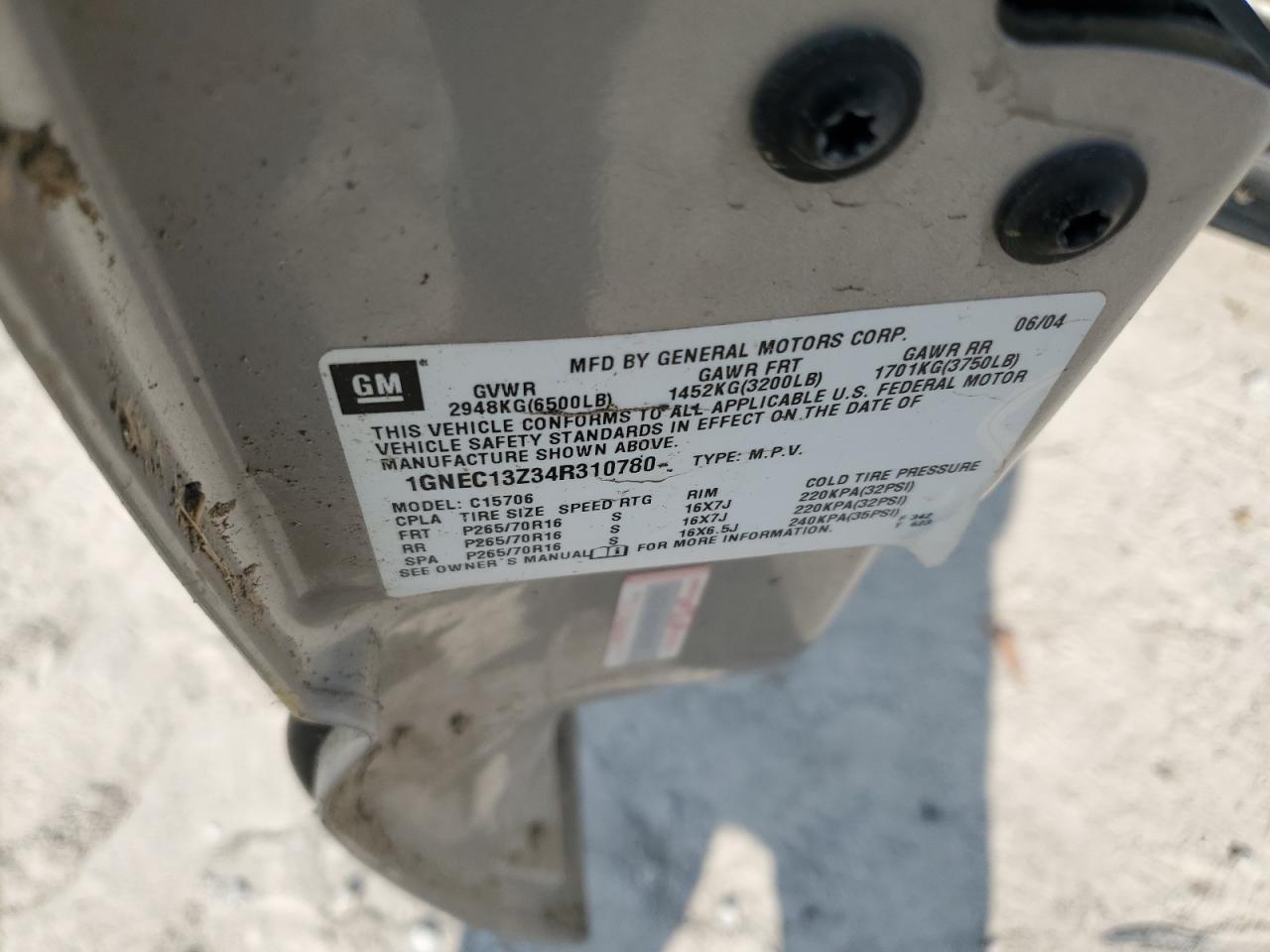 2004 Chevrolet Tahoe C1500 VIN: 1GNEC13Z34R310780 Lot: 64629454