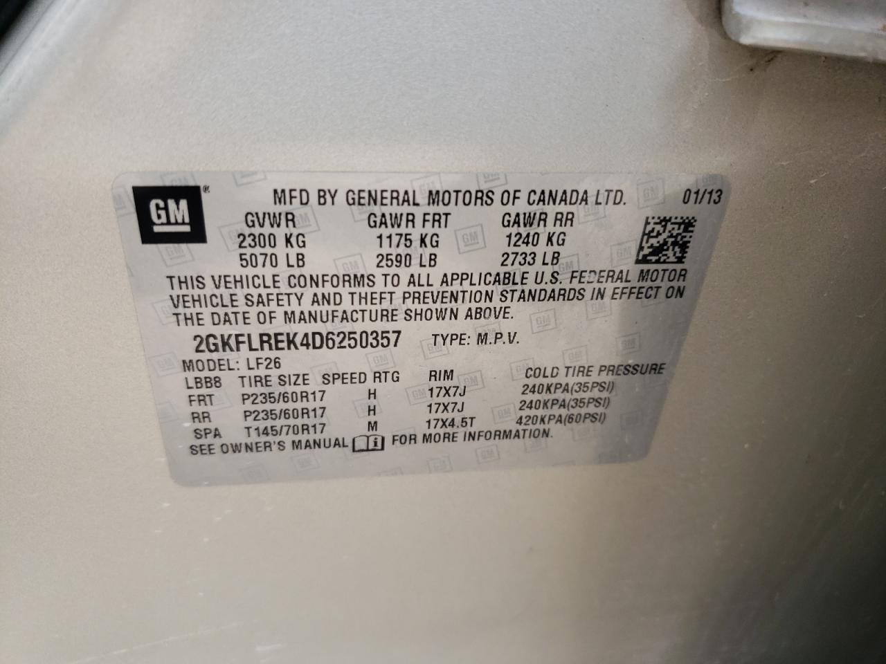 2013 GMC Terrain Sle VIN: 2GKFLREK4D6250357 Lot: 63638594