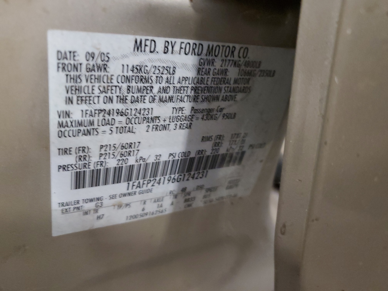 1FAFP24196G124231 2005 Ford Five Hundred Sel