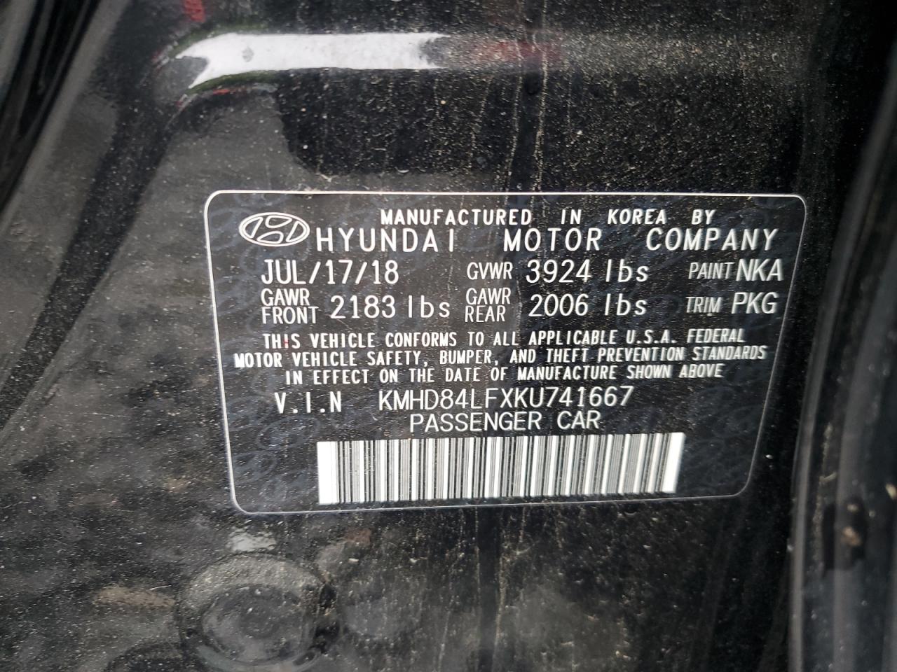 2019 Hyundai Elantra Sel VIN: KMHD84LFXKU741667 Lot: 64207064