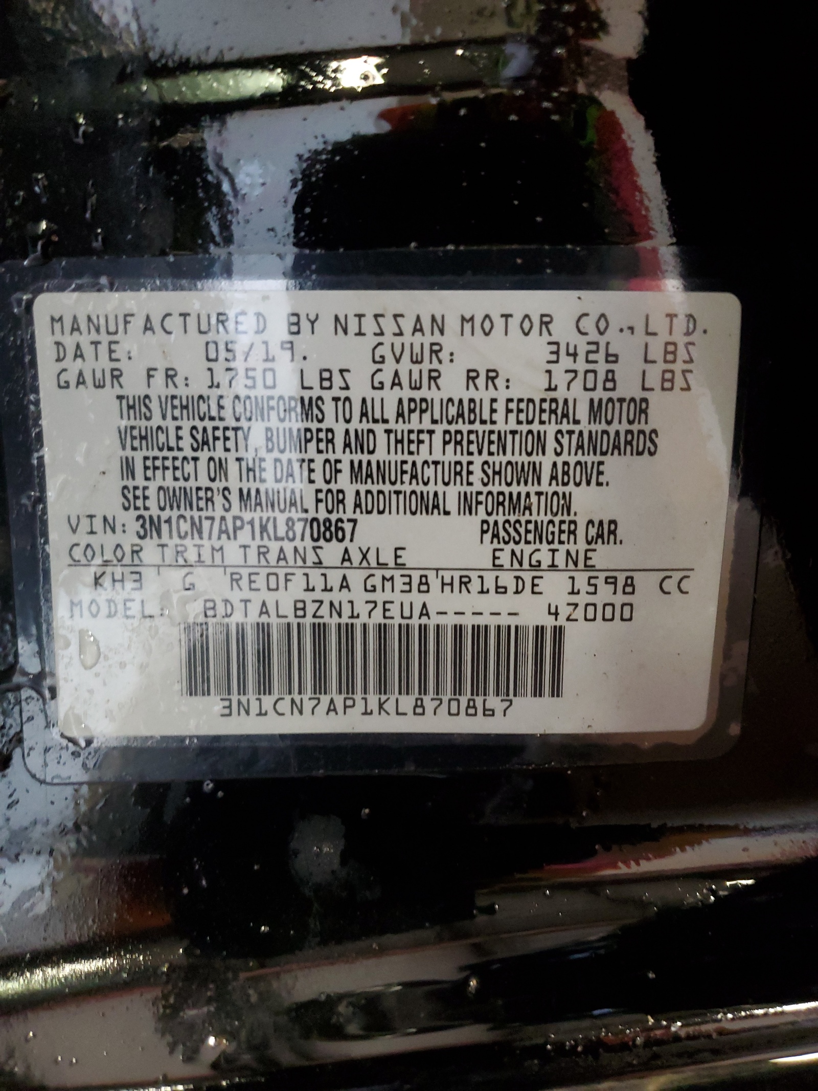 3N1CN7AP1KL870867 2019 Nissan Versa S