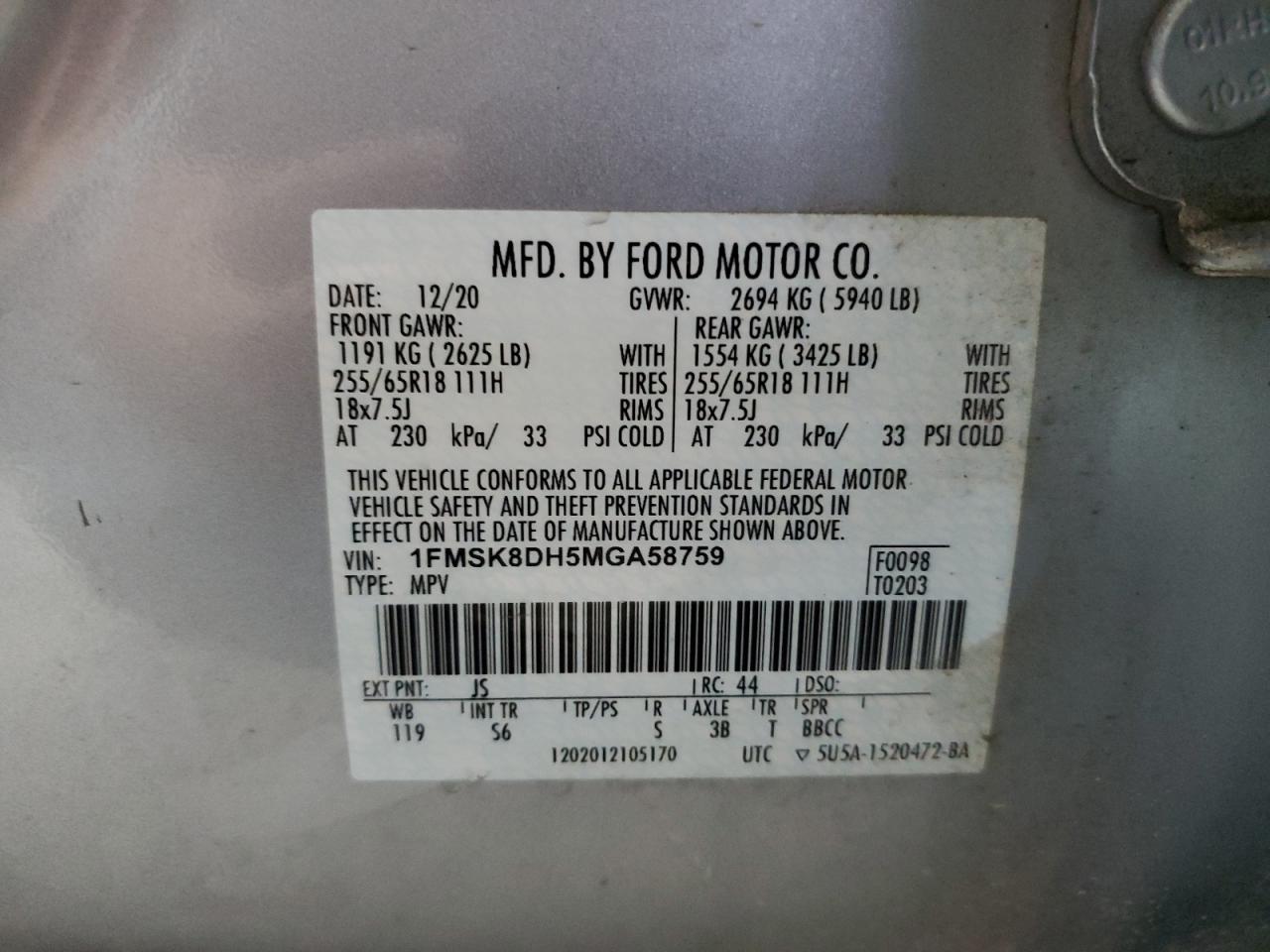 2021 Ford Explorer Xlt VIN: 1FMSK8DH5MGA58759 Lot: 62085234