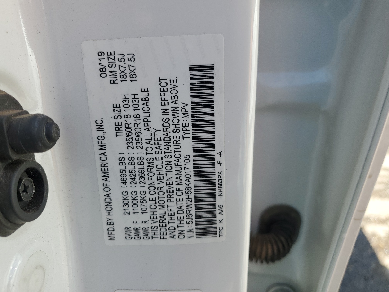 5J6RW2H58KA017105 2019 Honda Cr-V Ex