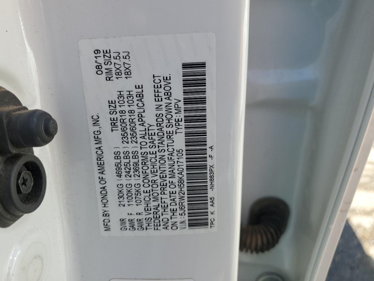 2019 Honda Cr-V Ex VIN: 5J6RW2H58KA017105 Lot: 65206584