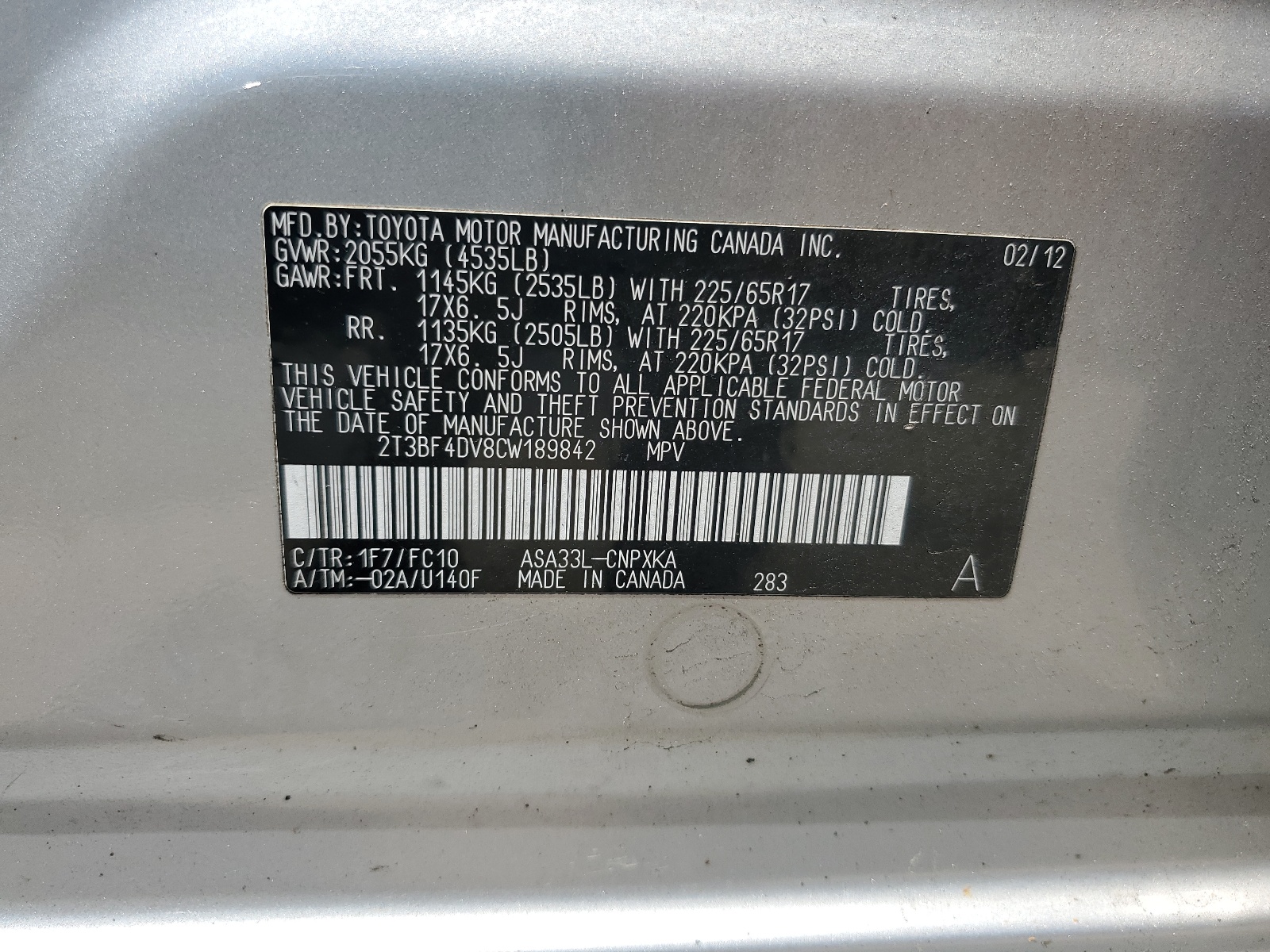 2T3BF4DV8CW189842 2012 Toyota Rav4
