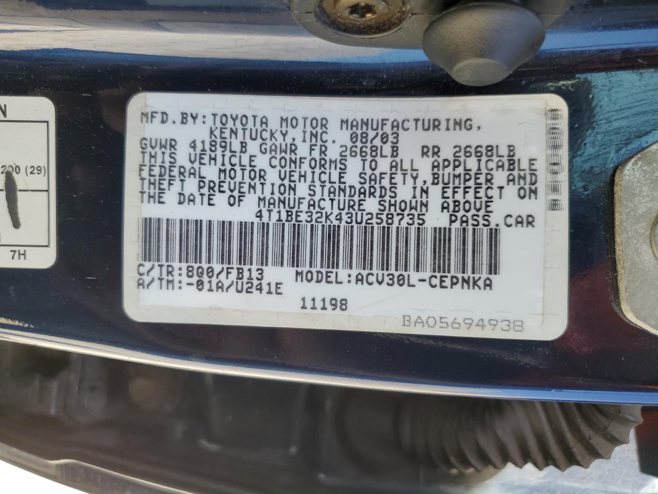 2003 Toyota Camry Le VIN: 4T1BE32K43U258735 Lot: 61785474