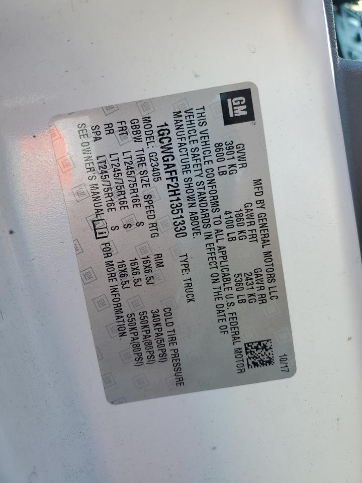 2017 Chevrolet Express G2500 VIN: 1GCWGAFF2H1351330 Lot: 61818154