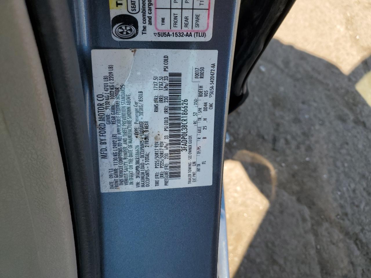 2012 Ford Fusion Hybrid VIN: 3FADP0L38CR186626 Lot: 65036214