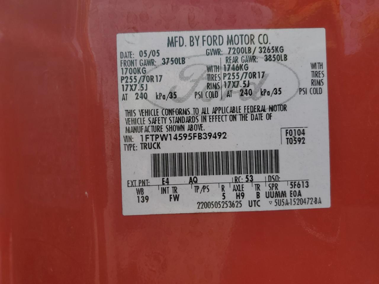 2005 Ford F150 Supercrew VIN: 1FTPW14595FB39492 Lot: 63150104