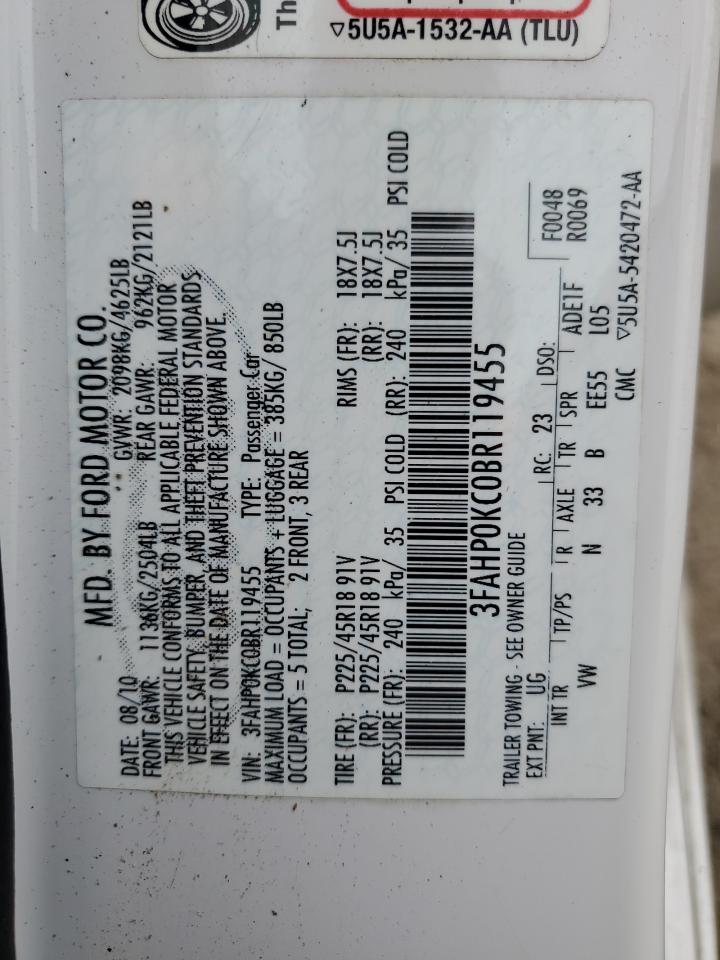 2011 Ford Fusion Sport VIN: 3FAHP0KC0BR119455 Lot: 62433434