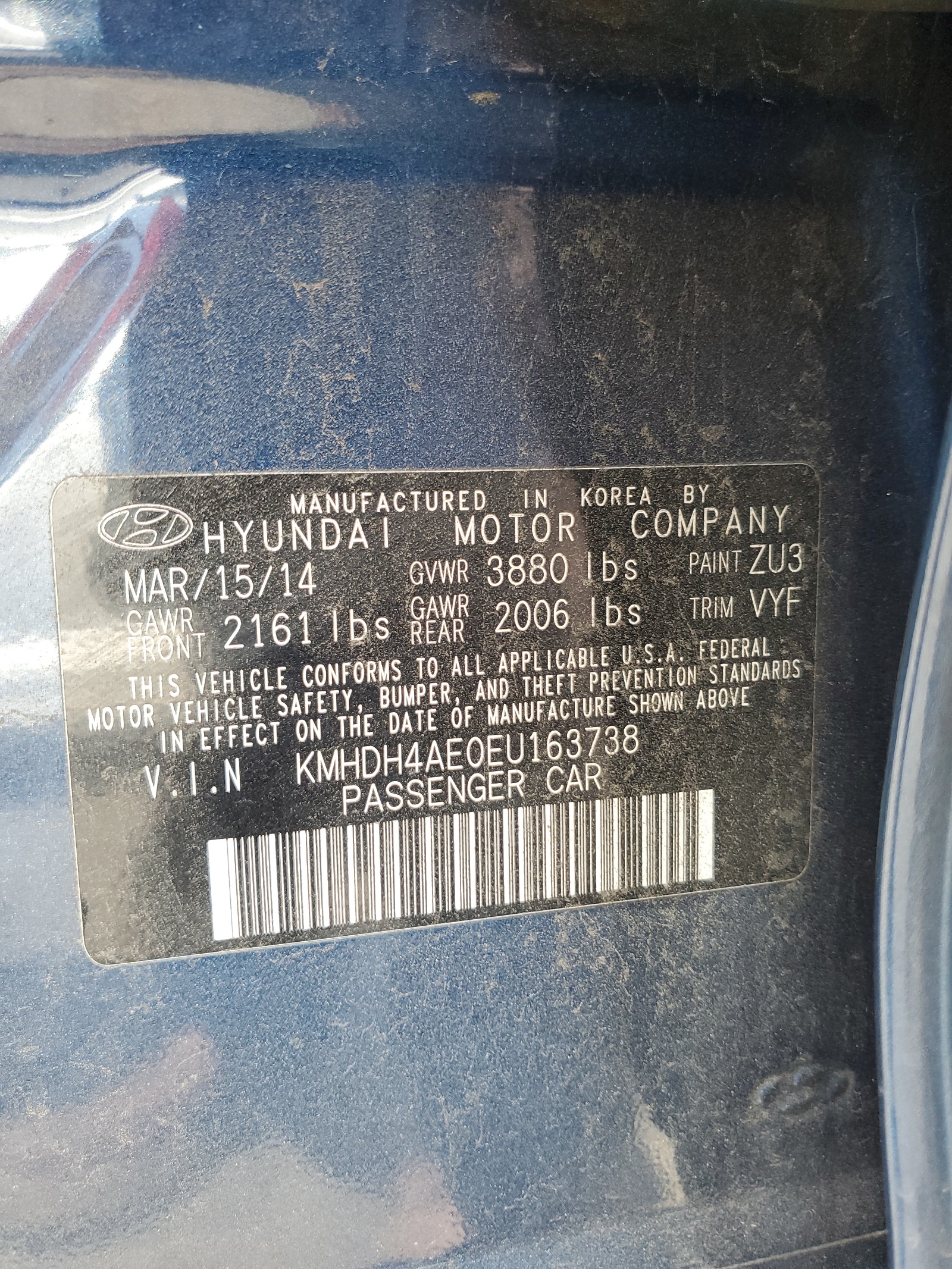 KMHDH4AE0EU163738 2014 Hyundai Elantra Se