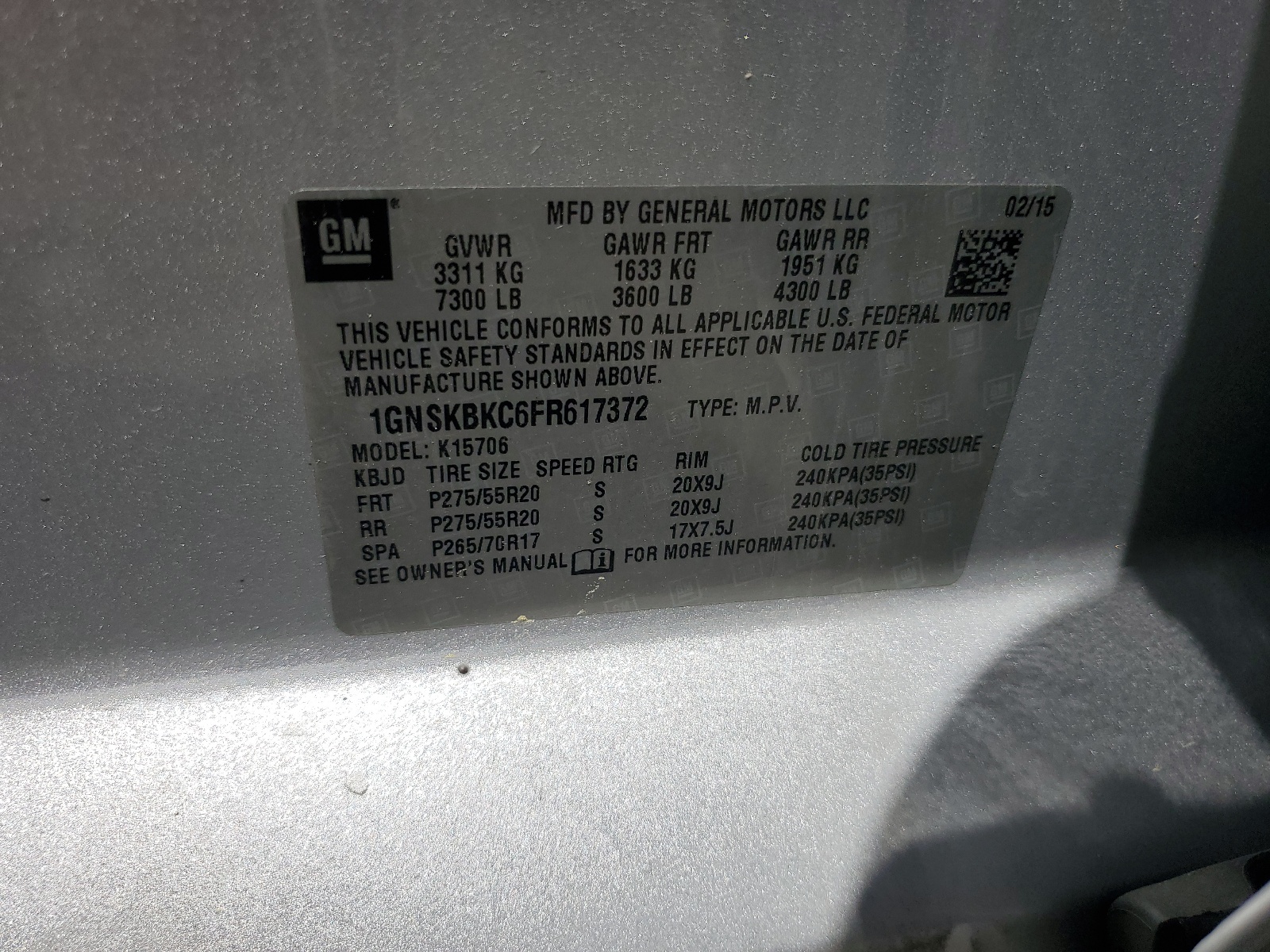 1GNSKBKC6FR617372 2015 Chevrolet Tahoe K1500 Lt