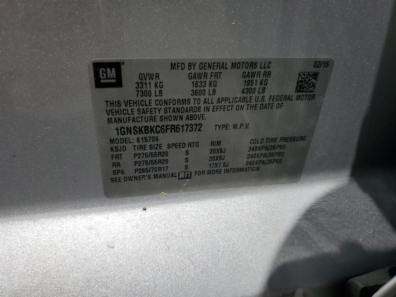 2015 Chevrolet Tahoe K1500 Lt VIN: 1GNSKBKC6FR617372 Lot: 61217244