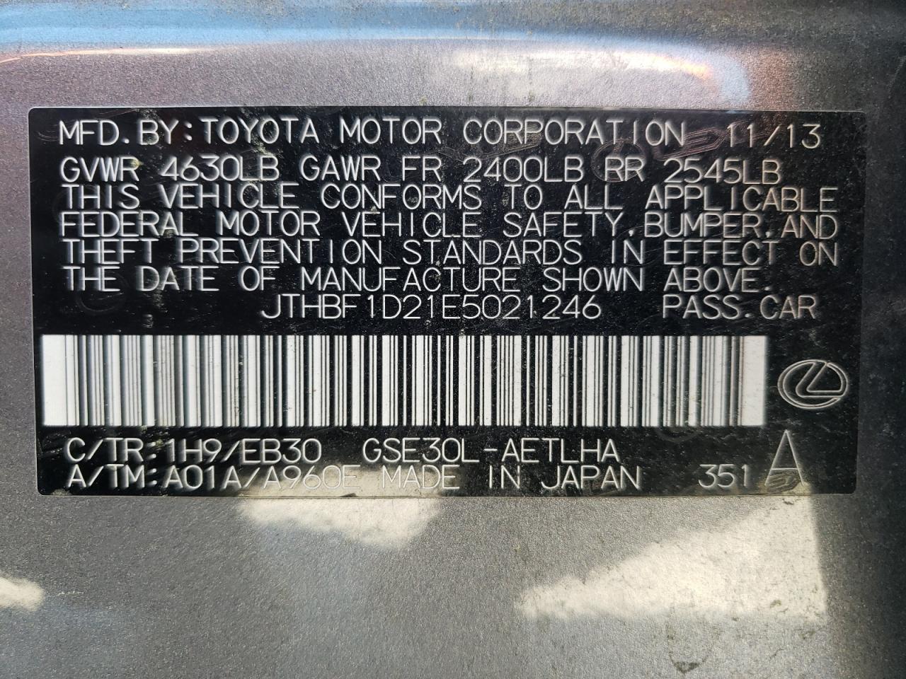 2014 Lexus Is 250 VIN: JTHBF1D21E5021246 Lot: 61271664