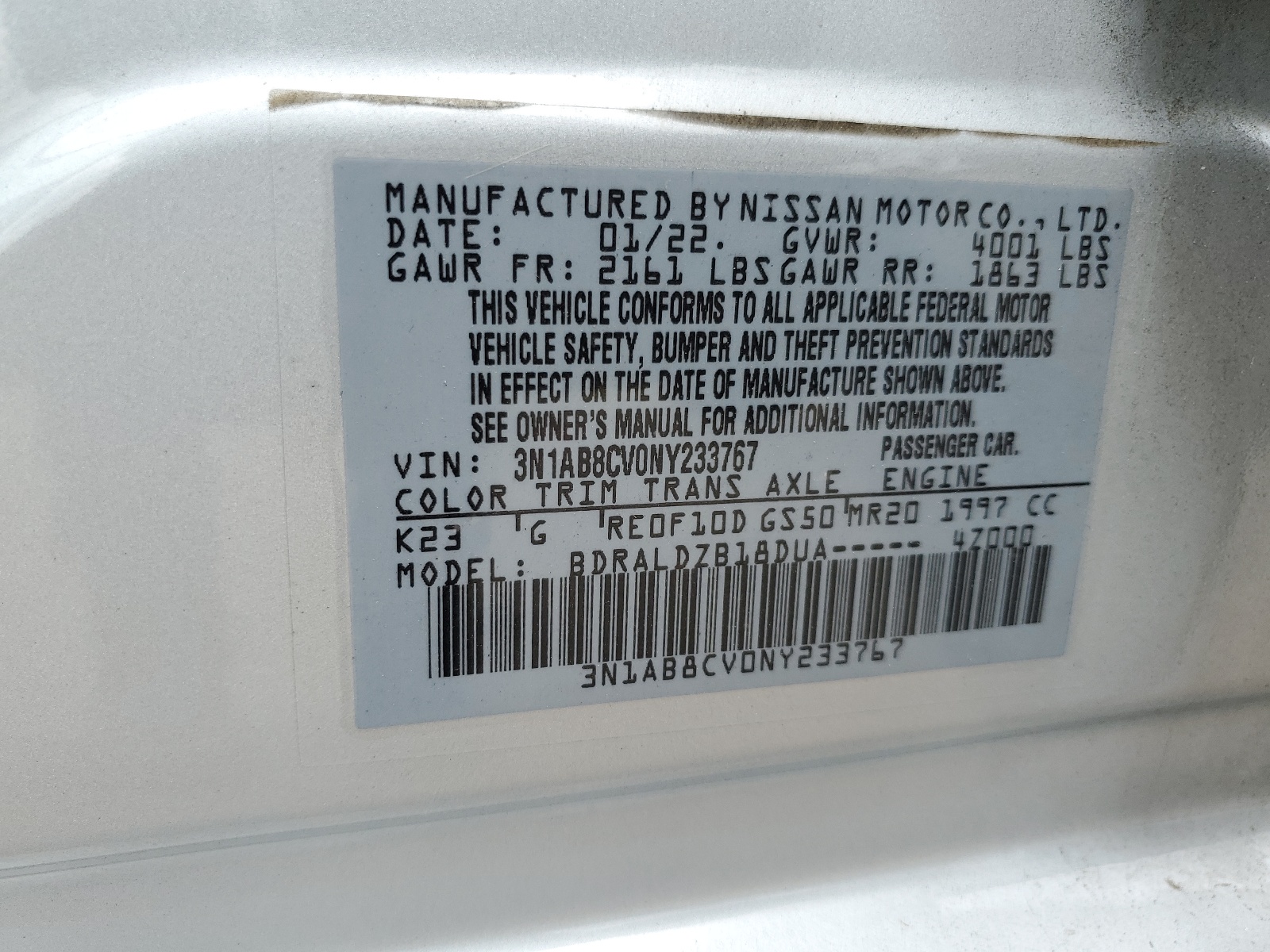 3N1AB8CV0NY233767 2022 Nissan Sentra Sv