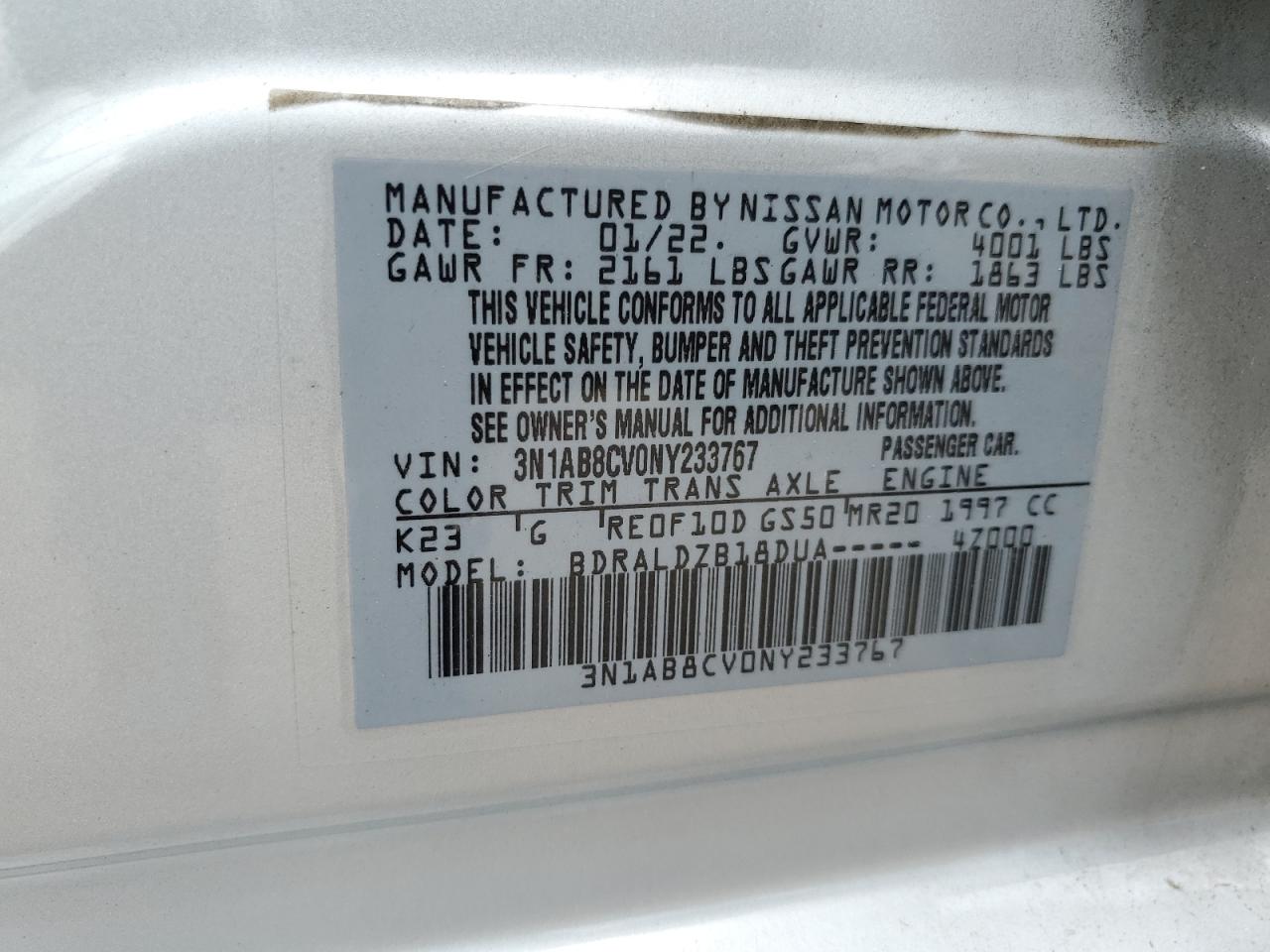 2022 Nissan Sentra Sv VIN: 3N1AB8CV0NY233767 Lot: 64936214