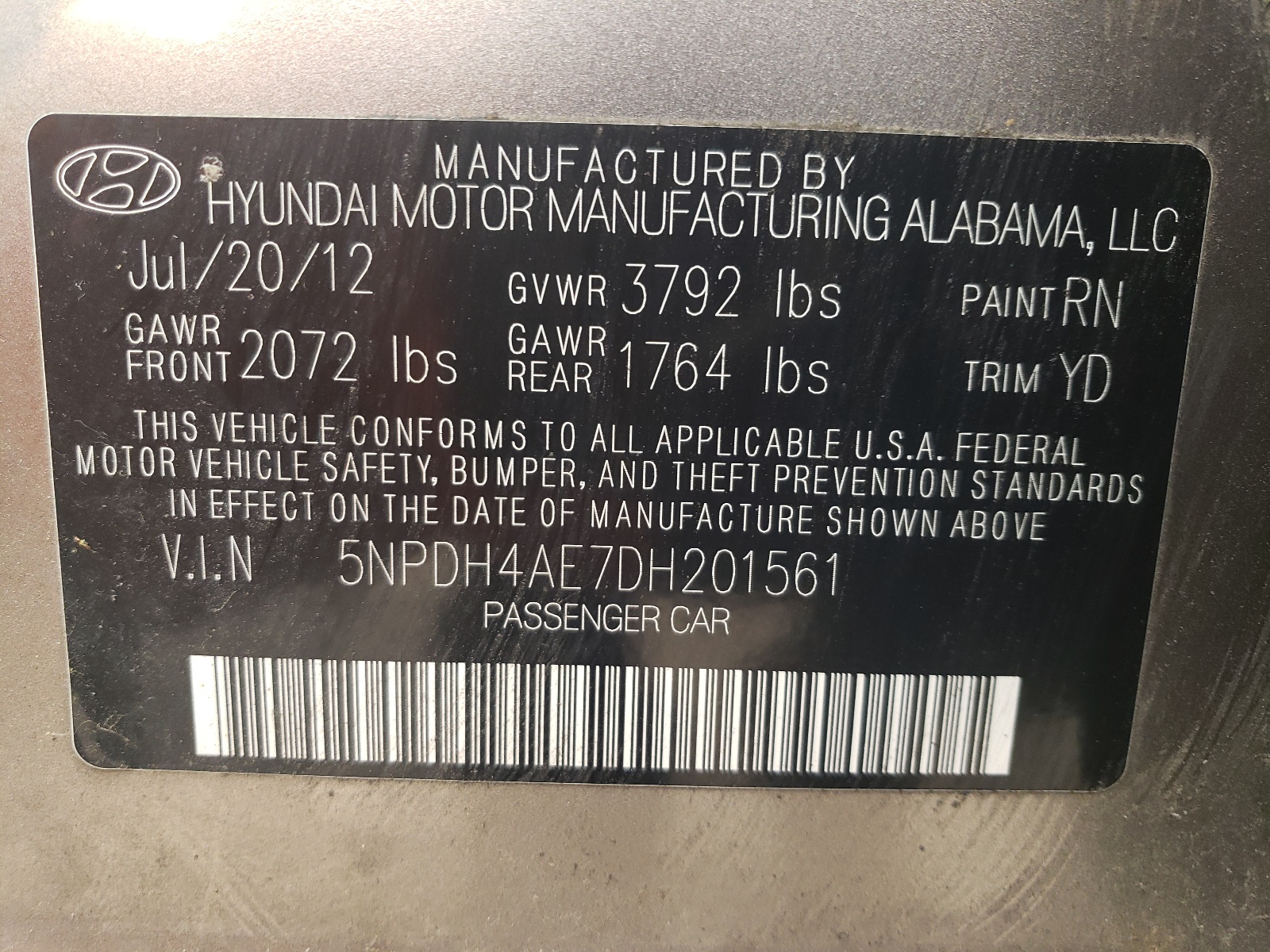 5NPDH4AE7DH201561 2013 Hyundai Elantra Gls