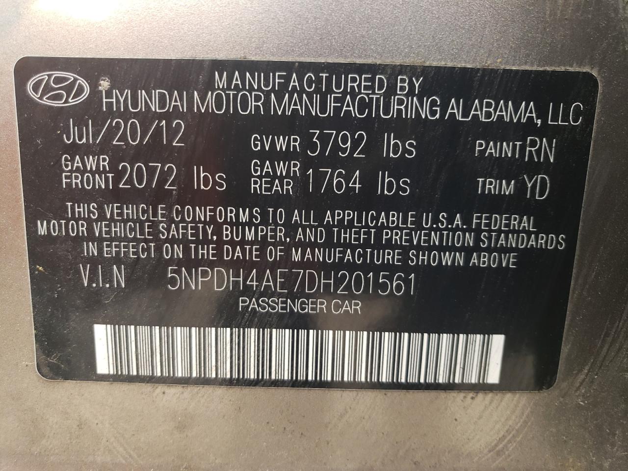 2013 Hyundai Elantra Gls VIN: 5NPDH4AE7DH201561 Lot: 64587404