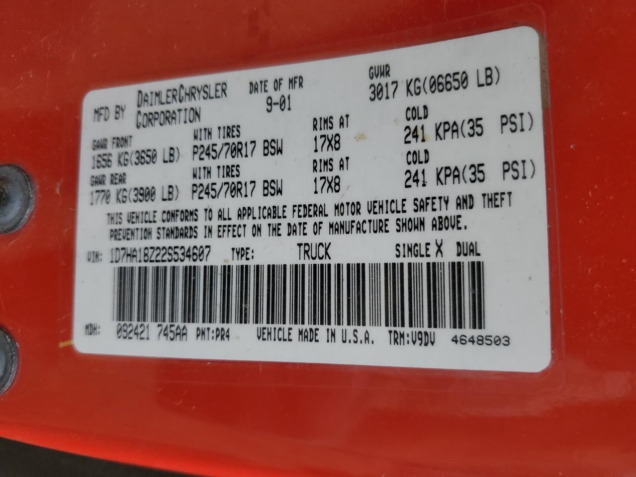 2002 Dodge Ram 1500 VIN: 1D7HA18Z22S534607 Lot: 62964444