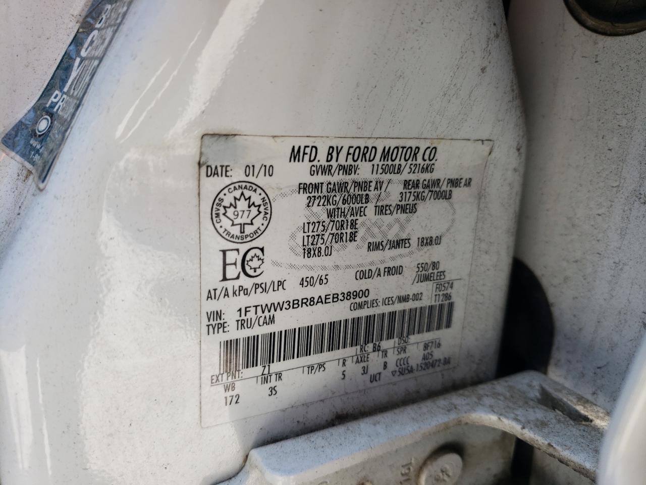 2010 Ford F350 Super Duty VIN: 1FTWW3BR8AEB38900 Lot: 61314764