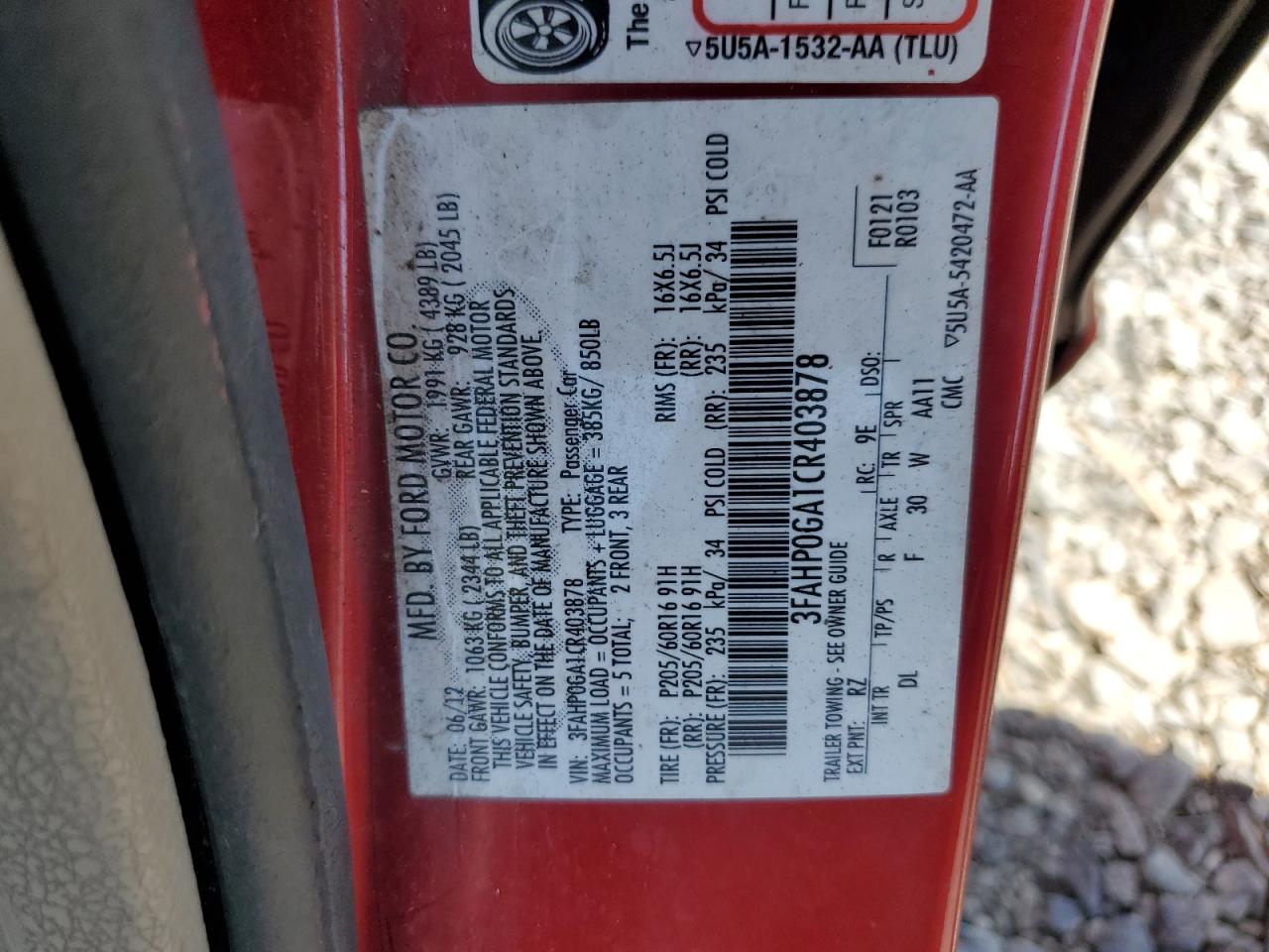 2012 Ford Fusion S VIN: 3FAHP0GA1CR403878 Lot: 62600584