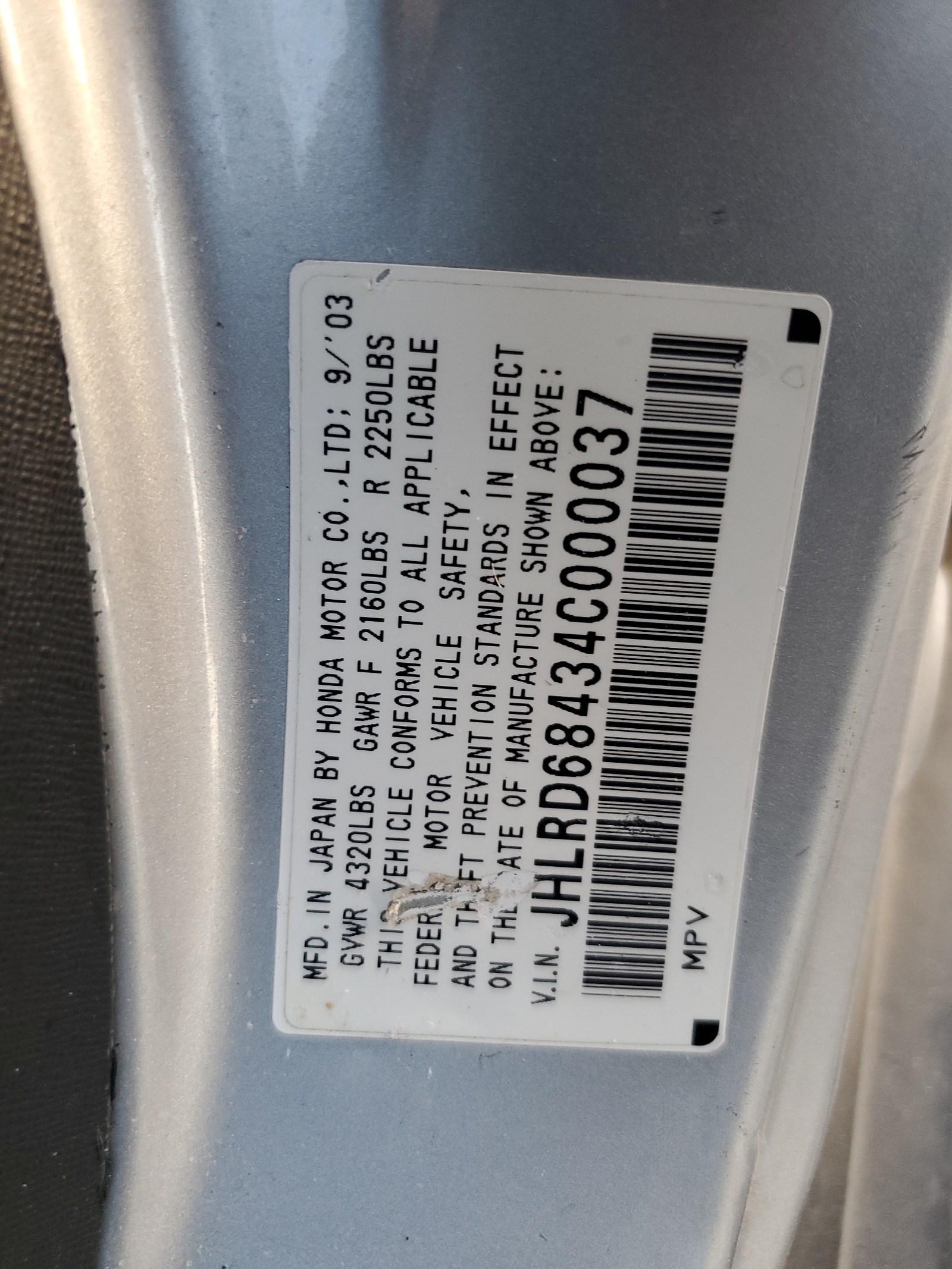 JHLRD68434C000037 2004 Honda Cr-V Lx