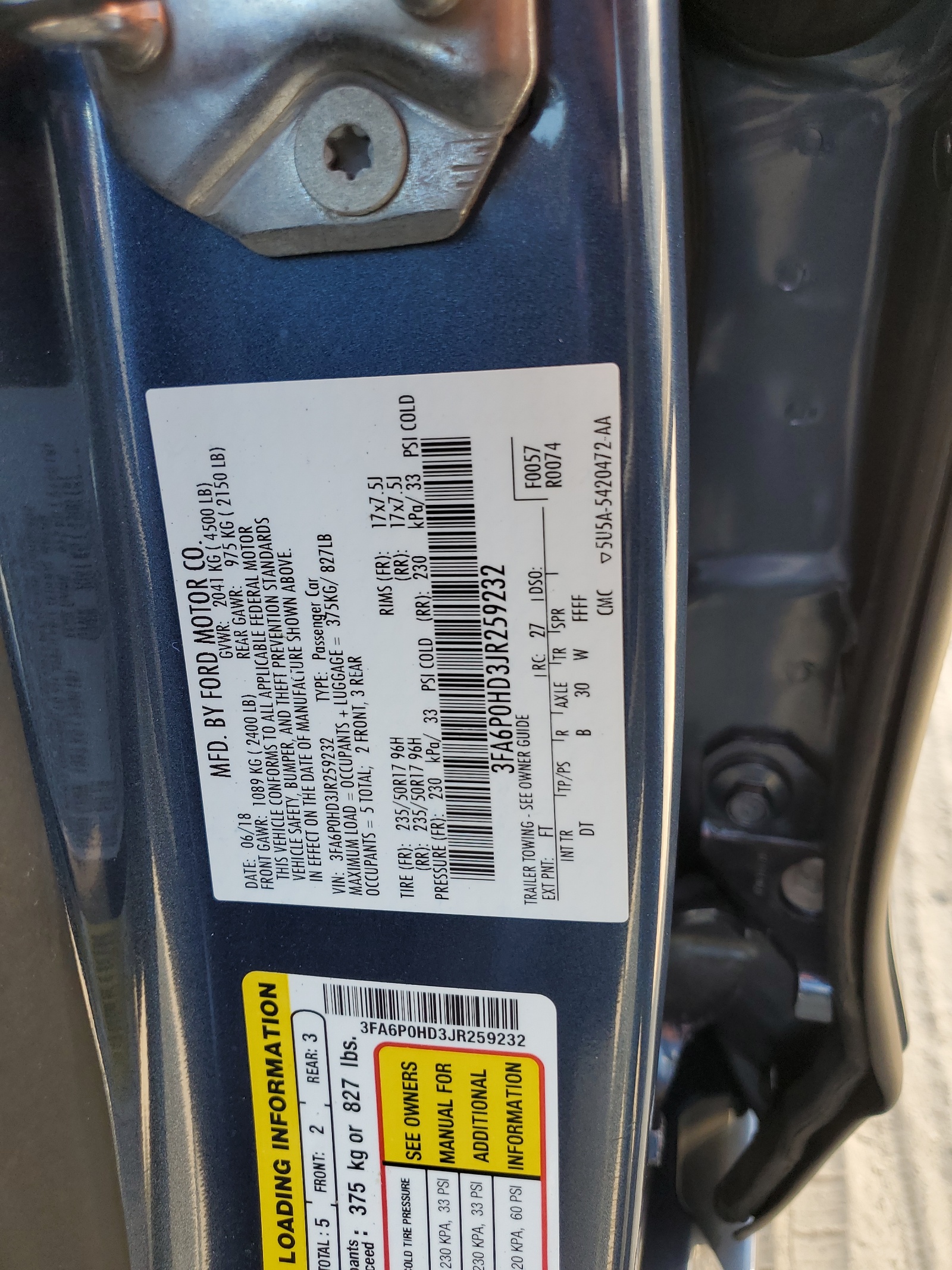 3FA6P0HD3JR259232 2018 Ford Fusion Se