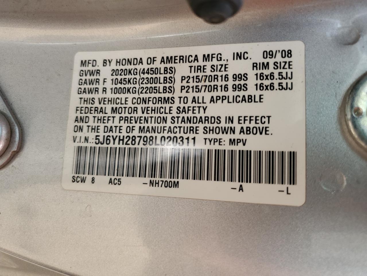 2008 Honda Element Ex VIN: 5J6YH28798L020311 Lot: 65080134
