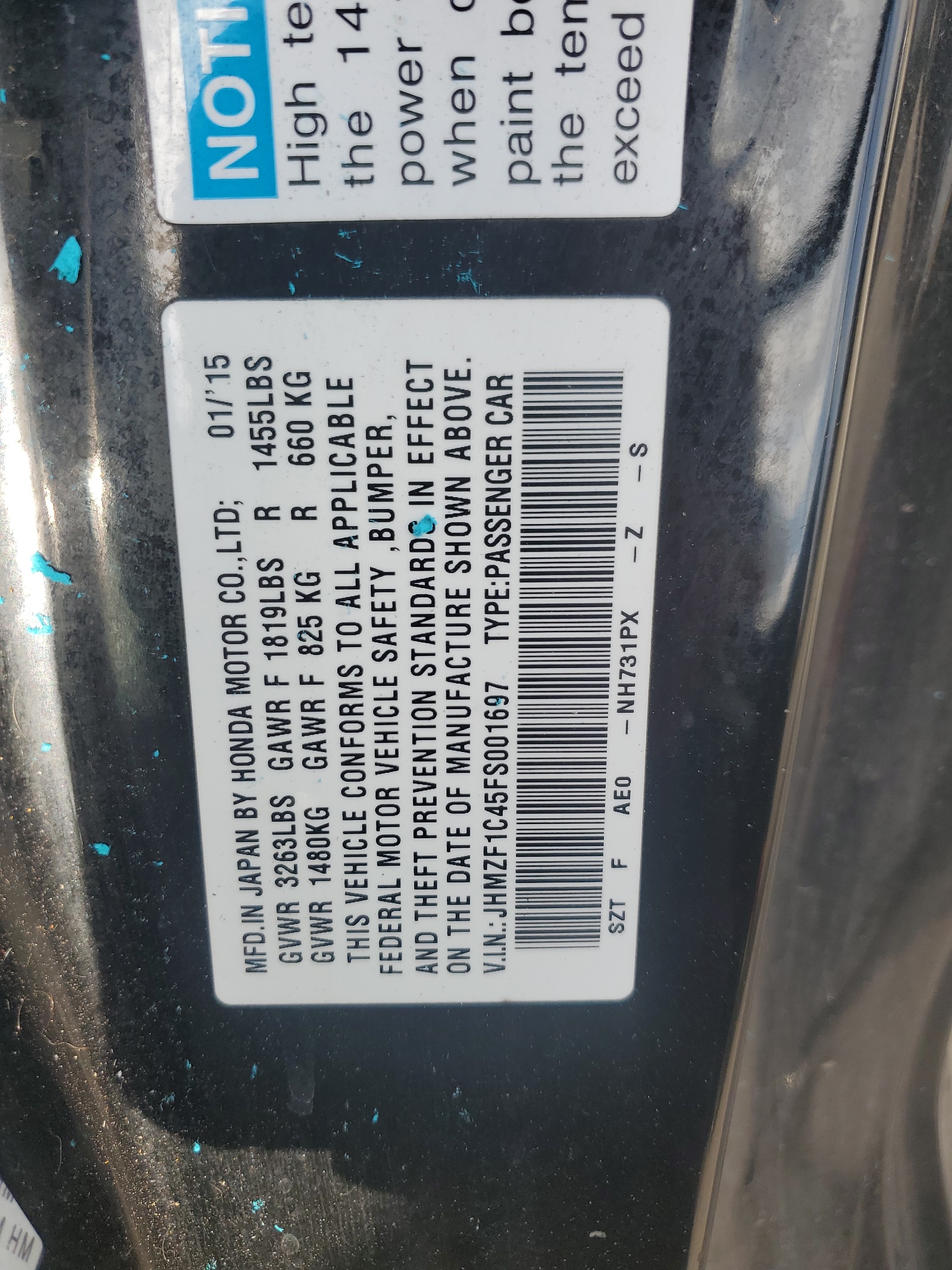 JHMZF1C45FS001697 2015 Honda Cr-Z