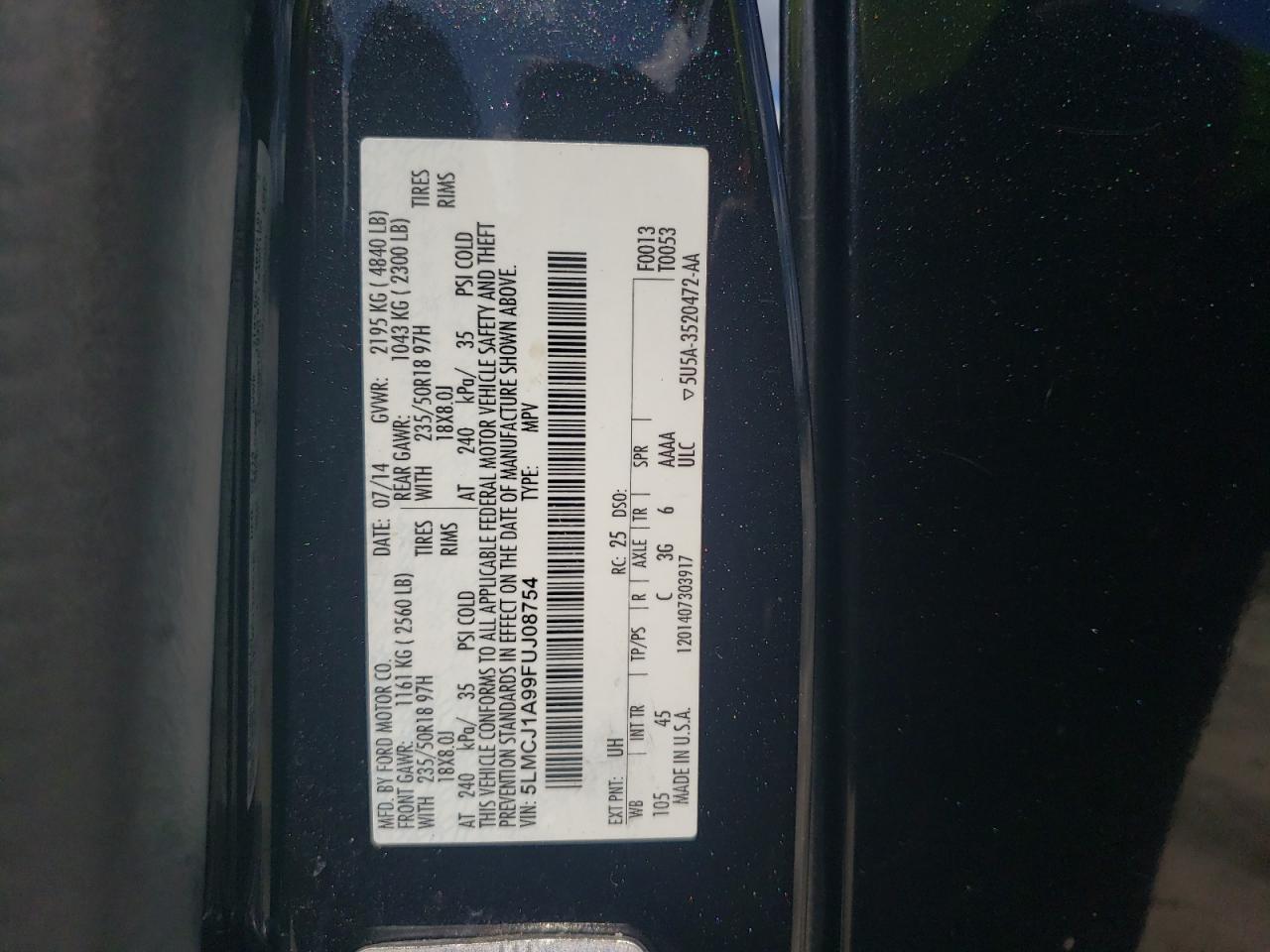 2015 Lincoln Mkc VIN: 5LMCJ1A99FUJ08754 Lot: 64124314