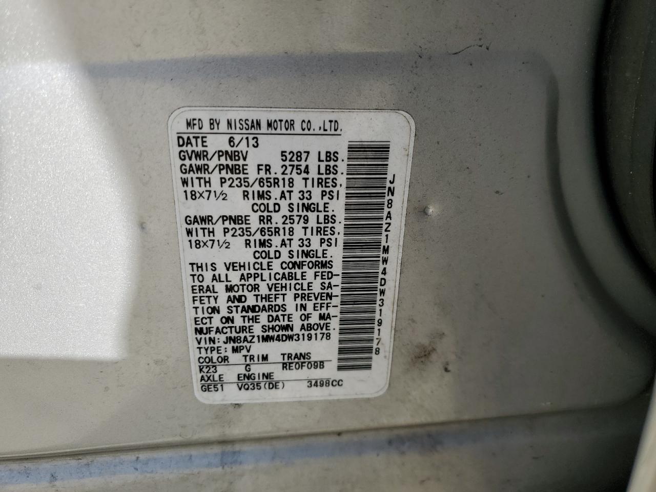 2013 Nissan Murano S VIN: JN8AZ1MW4DW319178 Lot: 61622224