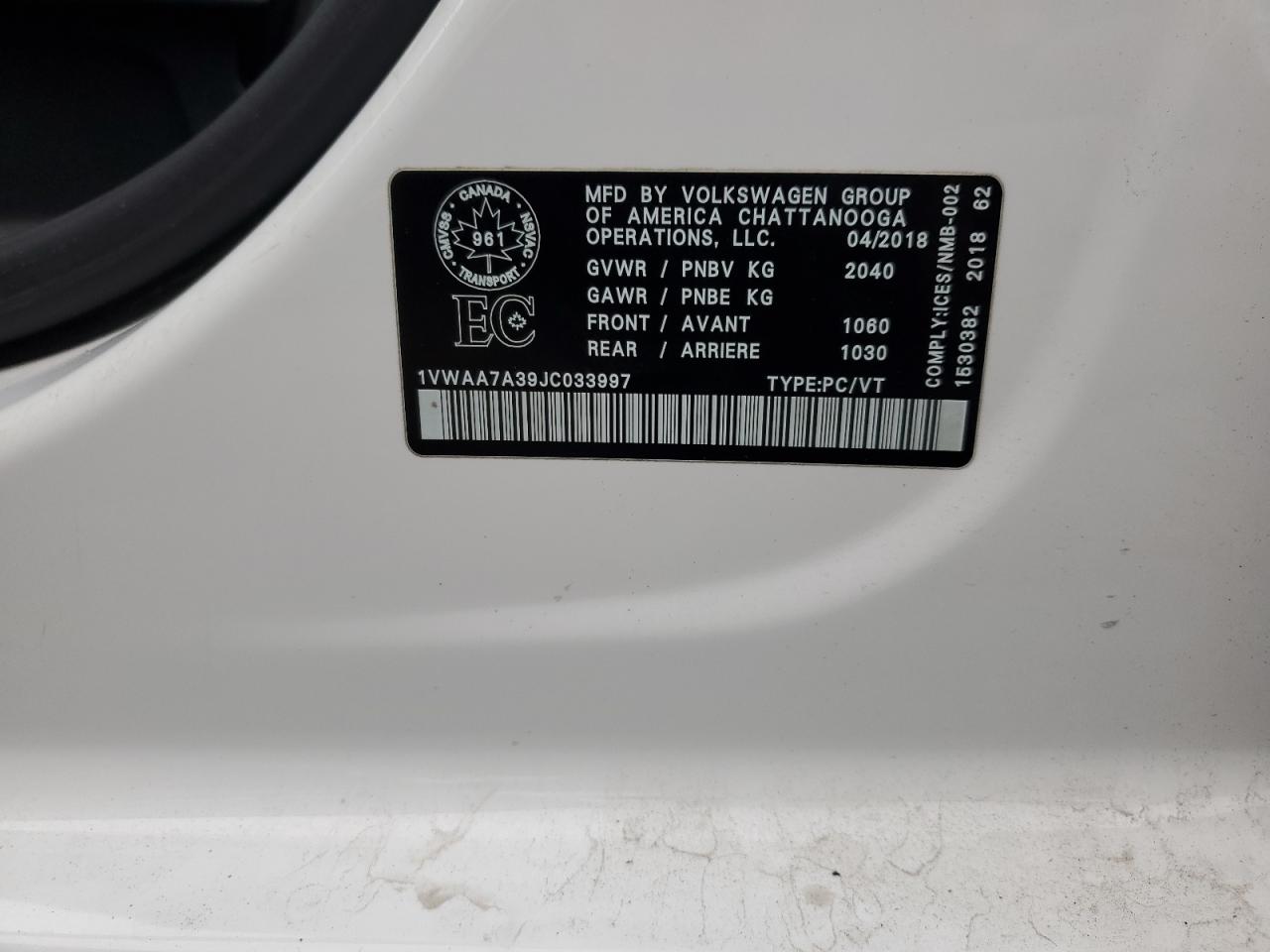 2018 Volkswagen Passat S VIN: 1VWAA7A39JC033997 Lot: 64795064