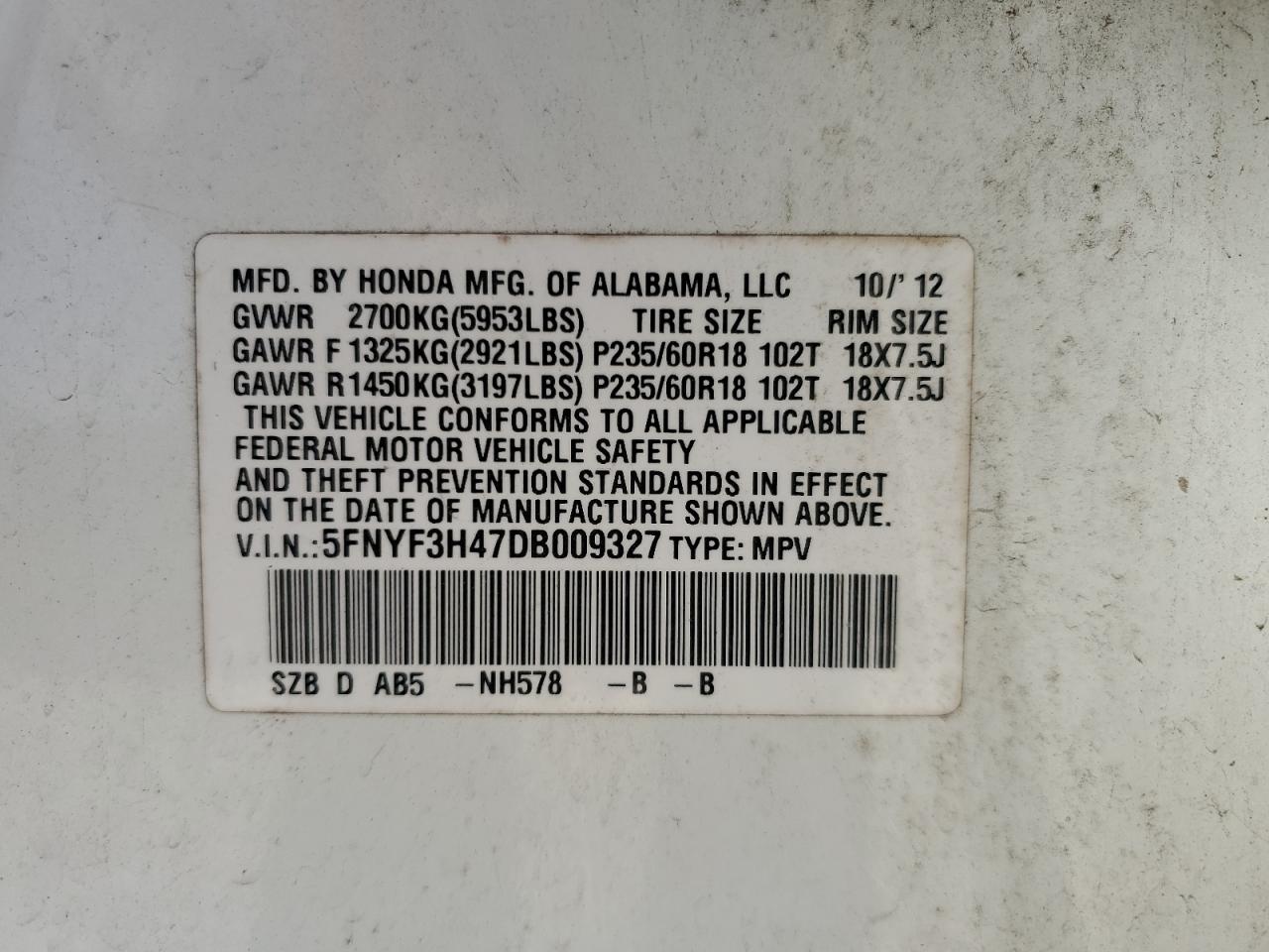 2013 Honda Pilot Ex VIN: 5FNYF3H47DB009327 Lot: 61392474